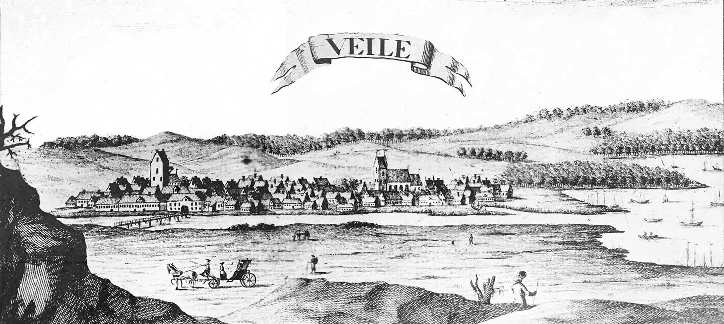 Historisk tegning af Vejle set fra syd omkring år 1765 til 1769