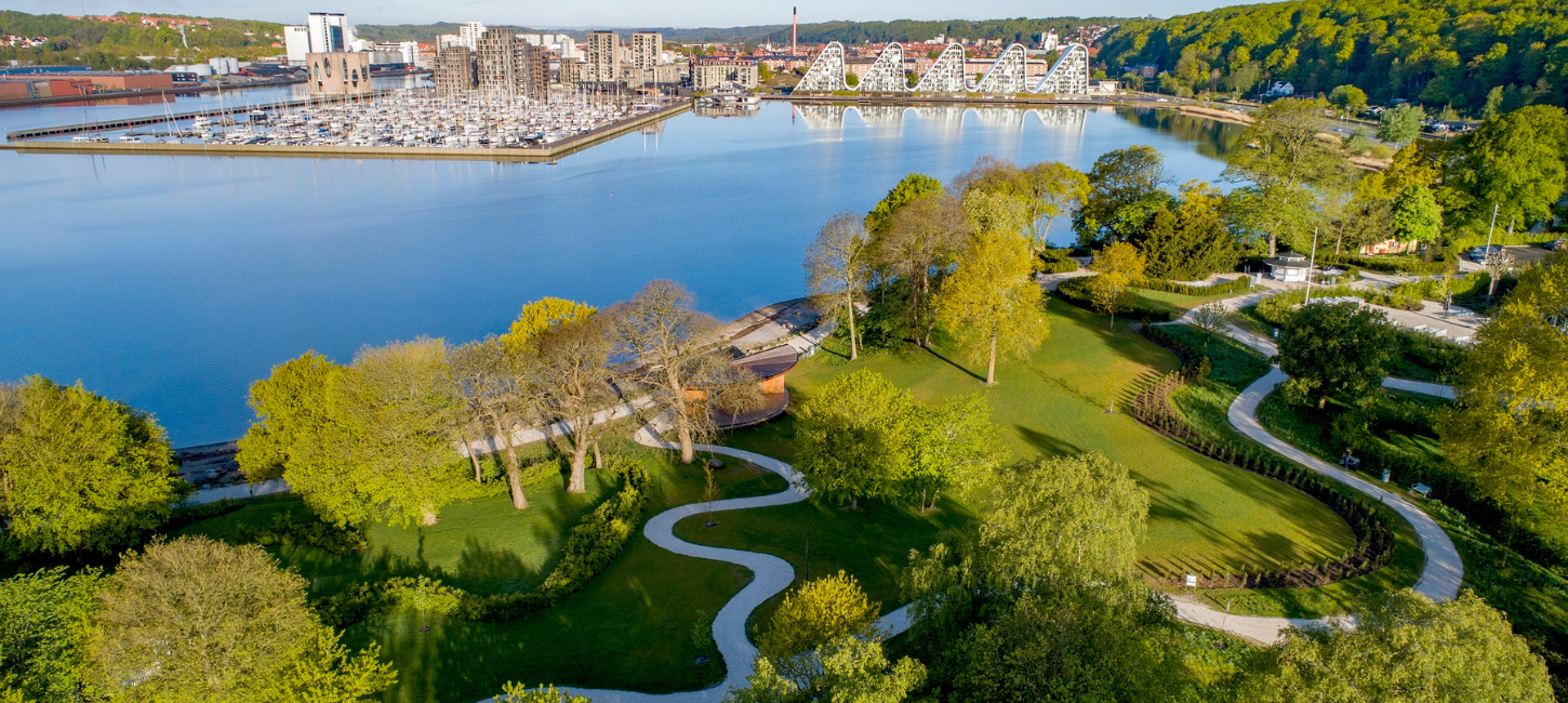 Dronebillede over Skyttehushaven og Vejle havnefront