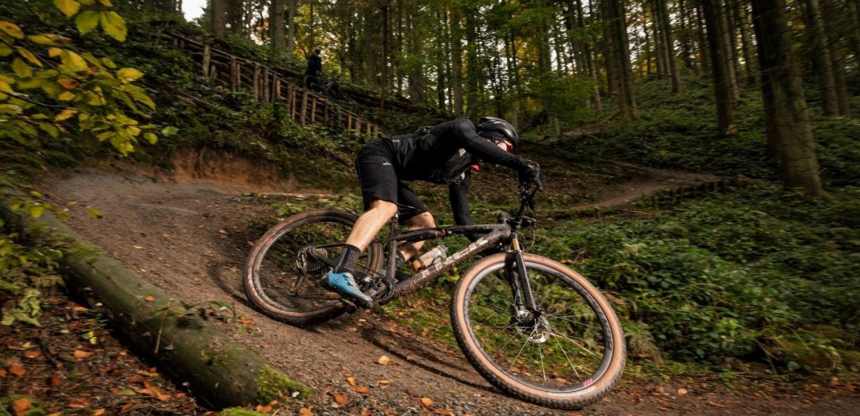 Cykelrytter på vej ned af mountainbike-bakke i Nørreskoven