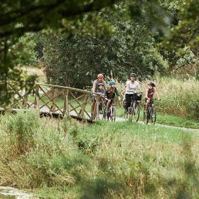 Familie på voksne og tre børn cykler langs Bindeballestien ved Vingsted