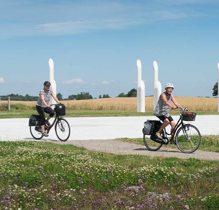 Cyklister på cykeltur ved Jelling-monumenterne
